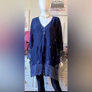 Johnny Was Tunic Lightweight Rayon w/ Lace Trim  embroidery in blue color size S